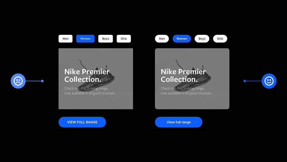 2 Card design examples. One with non-matching shapes, text styles etc., and the other with matching shapes, text styles etc.