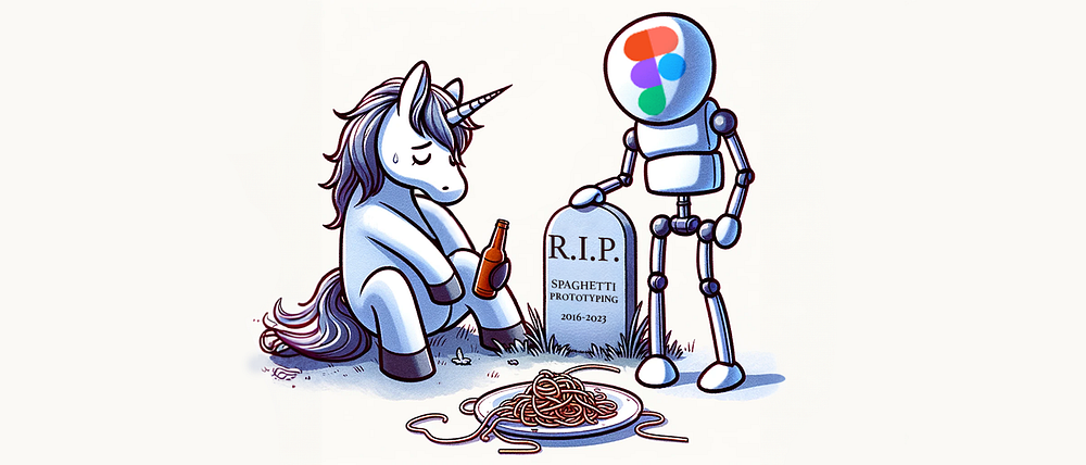 AI Generated illustration with little edition in photoshop of a sad unicorn in the grave of spaguetti prototyping. On the right a sad character resembling the figma tool.