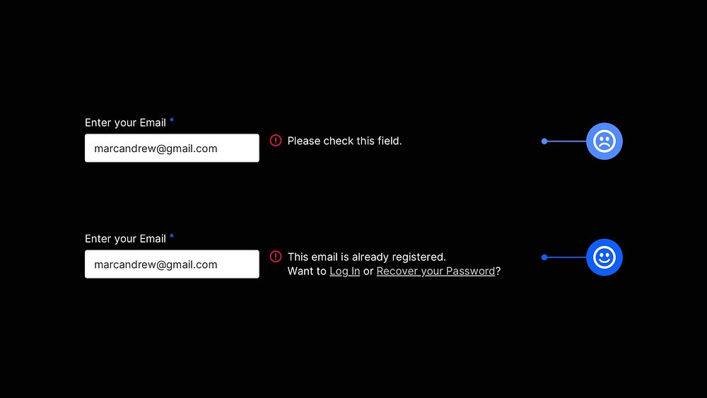 2 Form Field examples. One showing a field with a basic error message, and the other with a more detailed error message.