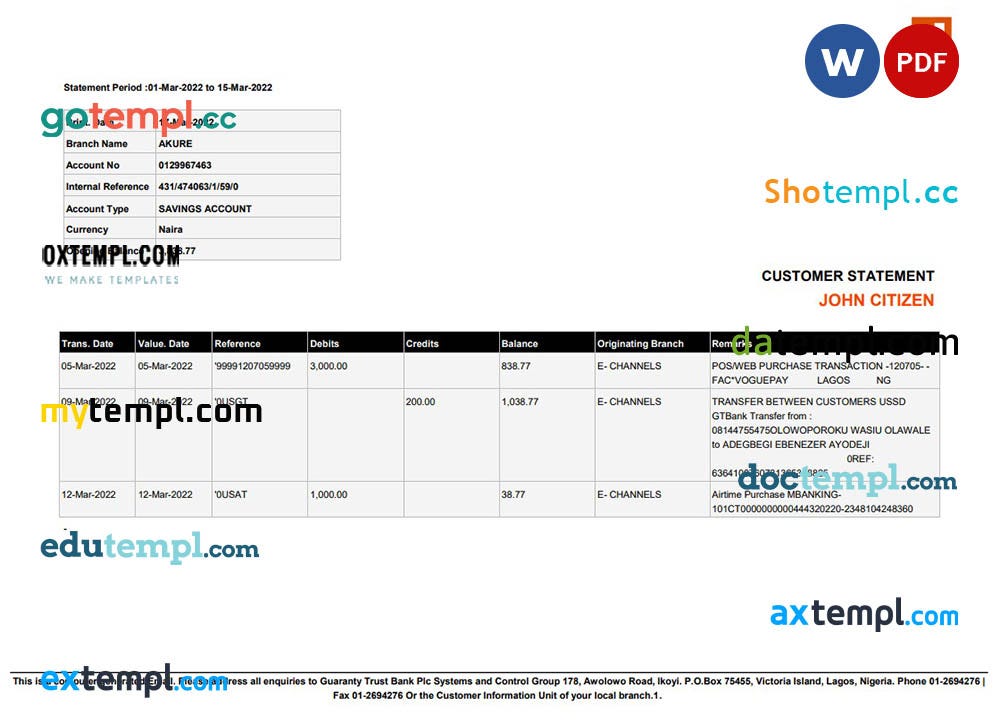 Nigeria Guaranty Trust Bank (GTBank) savings account statement Word and