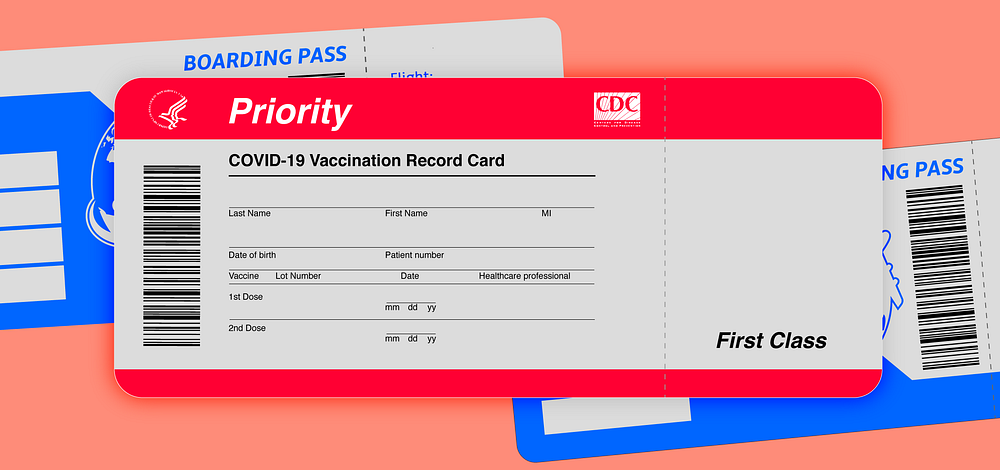3 boarding passes stack on top of each other. Top one says “COVID-19 Vaccination Record Card”