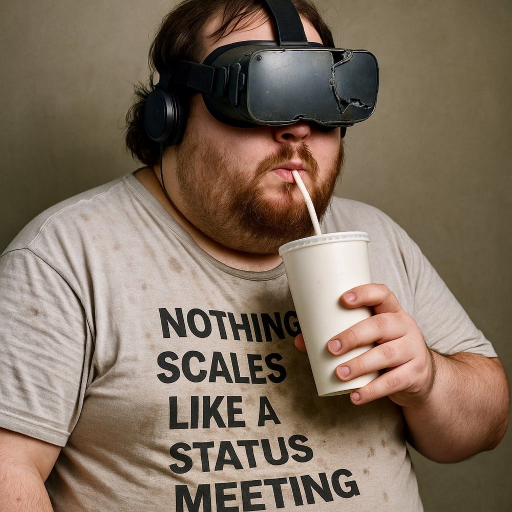 “IT Sitting in on a VR Code Review” © 2025 Rocinante Research, AI Generated