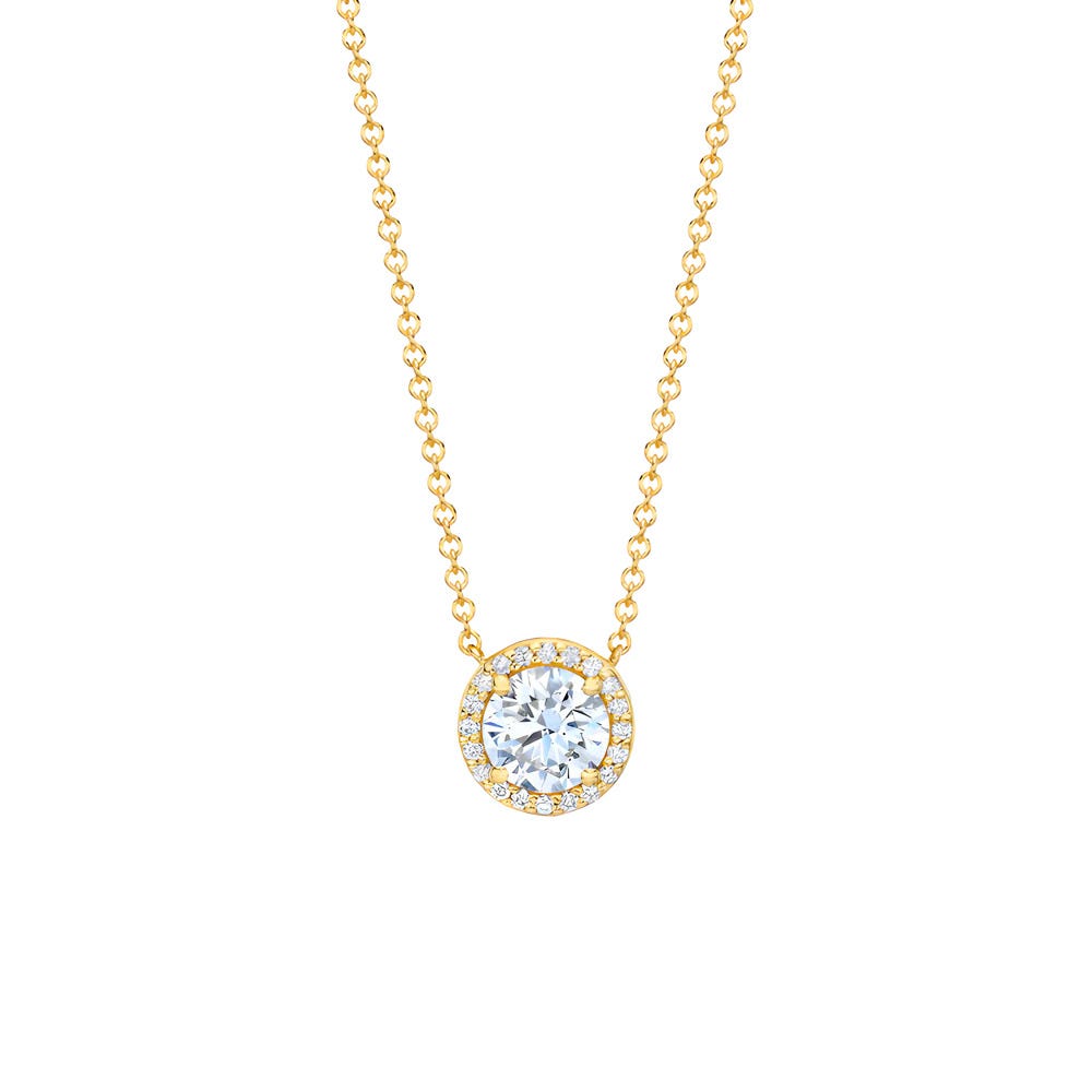 Golden Halo Brilliance: Round Diamond Pendant Necklace in 18K Yellow Gold