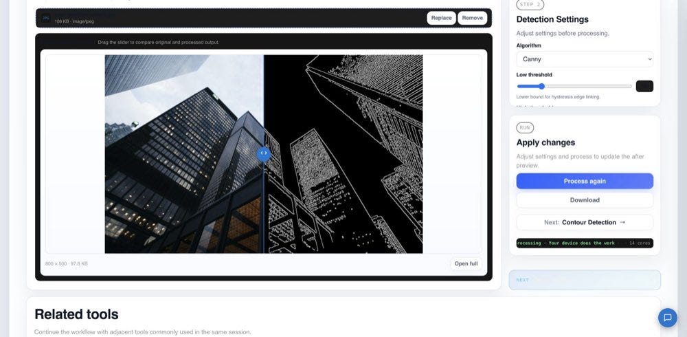 The Pixlane Edge Detection tool lets you compare Canny, Sobel, Laplacian, Scharr, and Prewitt on the same image and export the result.