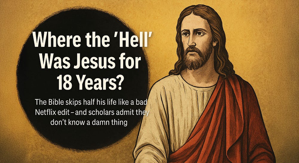 긴 머리, 수염, 옷을 입은 예수가 잃어버린 삶의 세월을 상징하는 어두운 공허함 옆에 서 있는 모습을 담은 디지털 일러스트와 함께 "지옥은 18년 동안 어디에 있었을까?"라는 제목이 표시되어 있습니다.