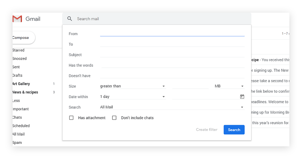 Advanced email search in Gmail.