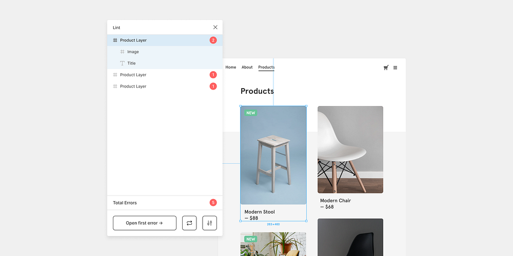 A design of an ecommerce shop with a figma plugin open showing errors that the tool has found.
