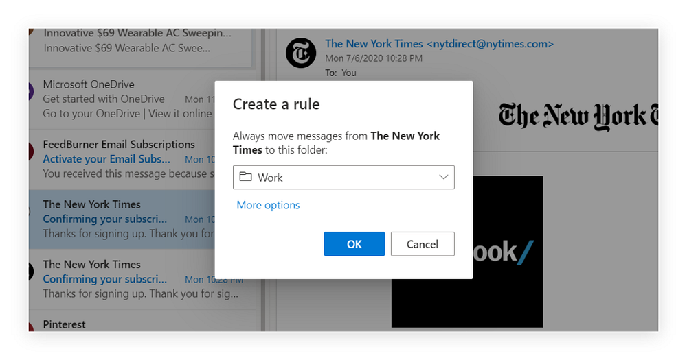 Rule creation dialog from a message in Outlook.