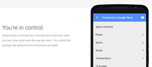 Google Now user preference page. The app has a series of drop down menus where users can adjust controls on their feedback algorithms.