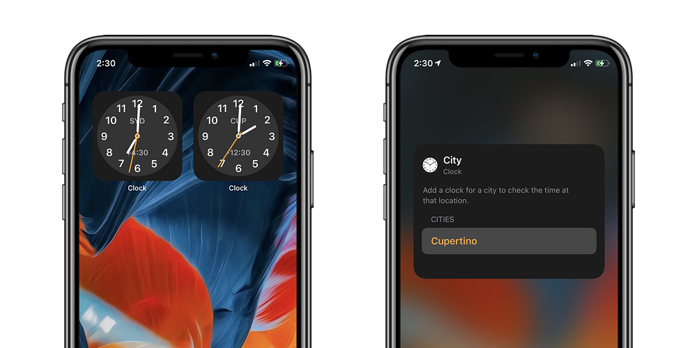 iPhone screenshot showing 2 clock widgets, showing Sydney and California time