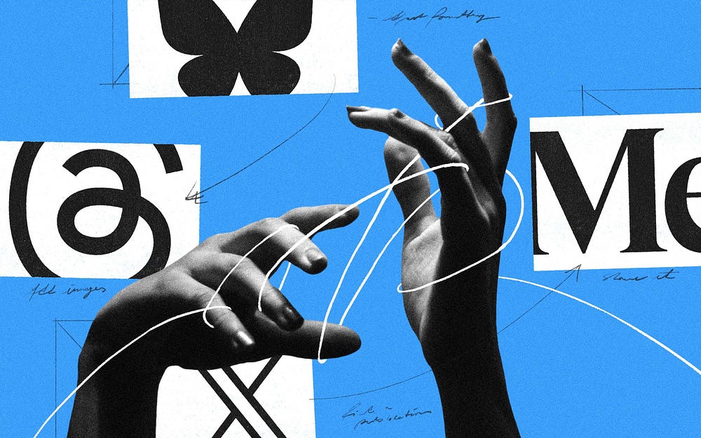 Graphic with blue background showing two hands with thread wrapped around them. Logos of social media sites are displayed in the background of the image.