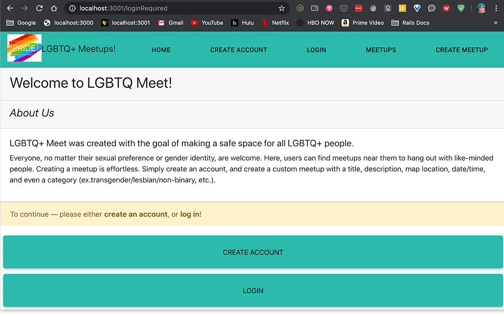 /loginRequired component prompts user to create account or login