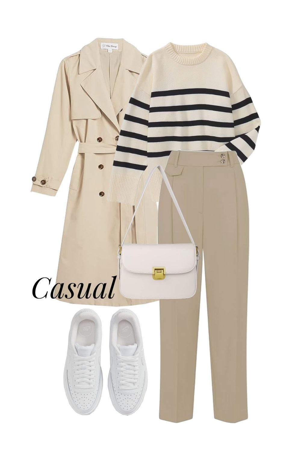 Casual elegance: The Trench, Wool Stripe Sweater and Straight Pants for ...