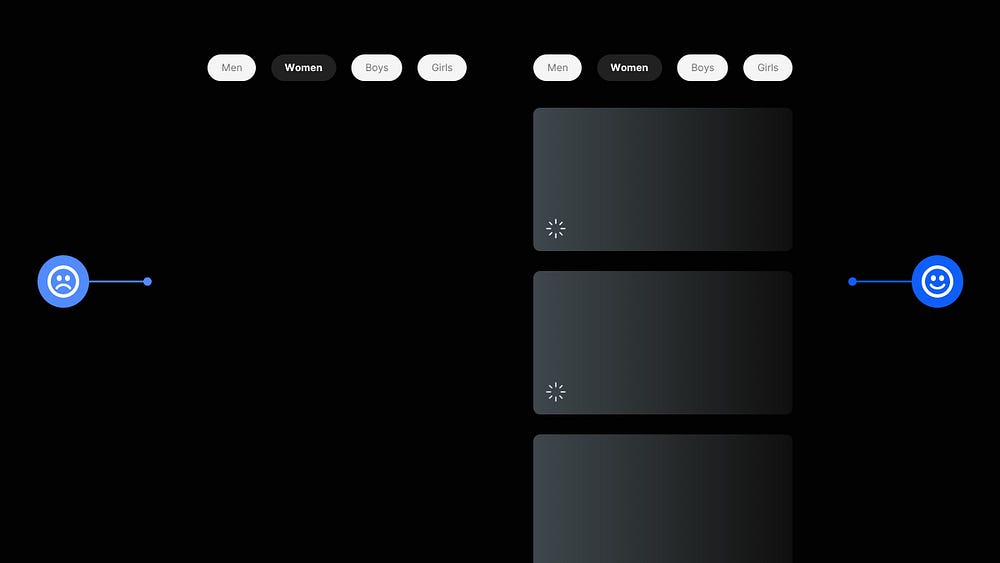 2 loading screen examples in an app. One showing an empty screen with no visible loading indicators, and the other showing more detailed loading indicators.