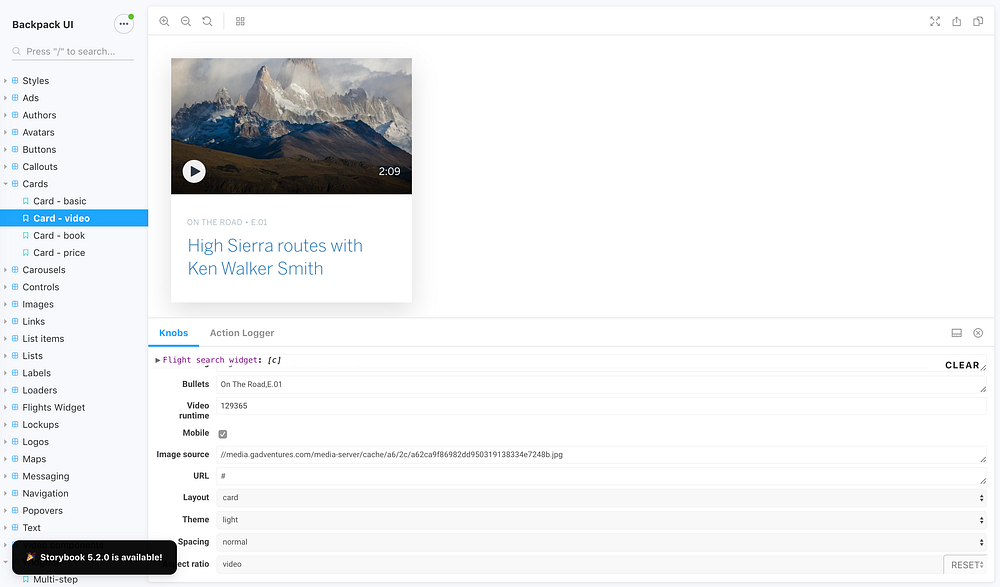 Screenshot of Lonely Planet’s Backpack Design System in Storybook