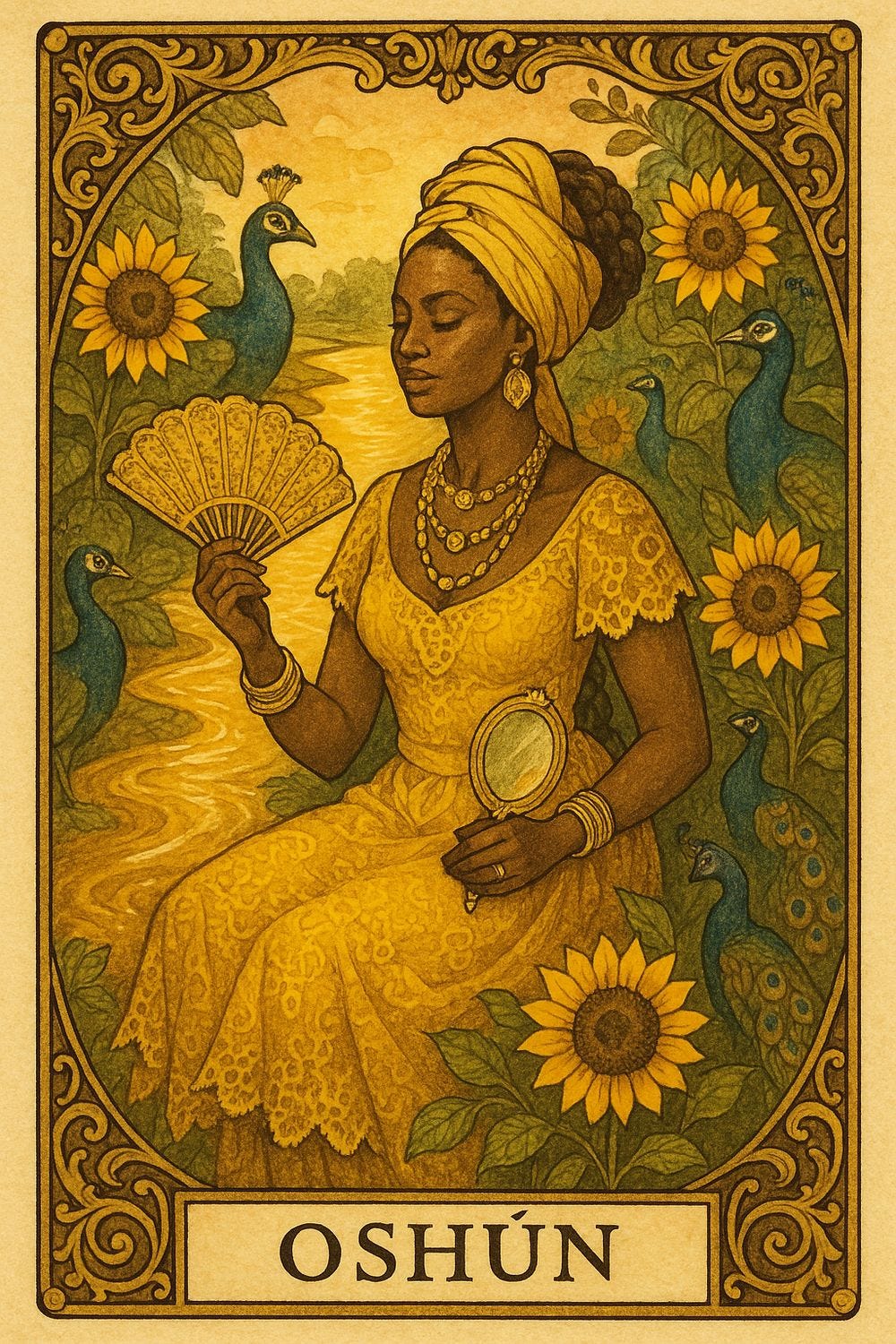 A tarot of Oshun. Her imagery and stories are also blended with Mother Mary and other Christian themes of motherhood; however, for those who follow Oshun, she represents divine femininity in her own right. (Image source- https://in.pinterest.com/PhoenixAworan/)