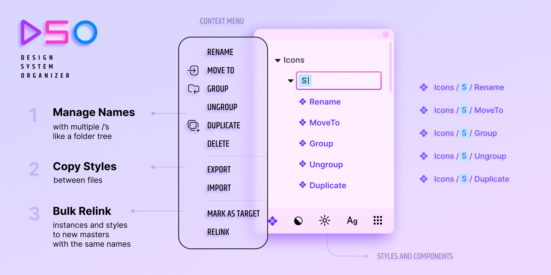 Various examples of a Plugin’s UI with the title ‘Design System Organiser’