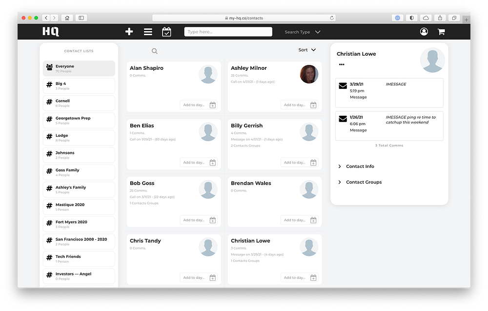 HQ Contacts page with contact cards