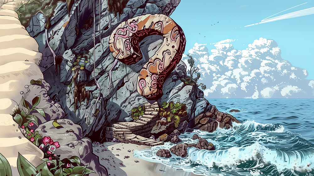 A vibrant illustration of a seaside cliff with a large question mark sculpture embedded in the rocks, waves crashing below, under a cloud-filled sky.