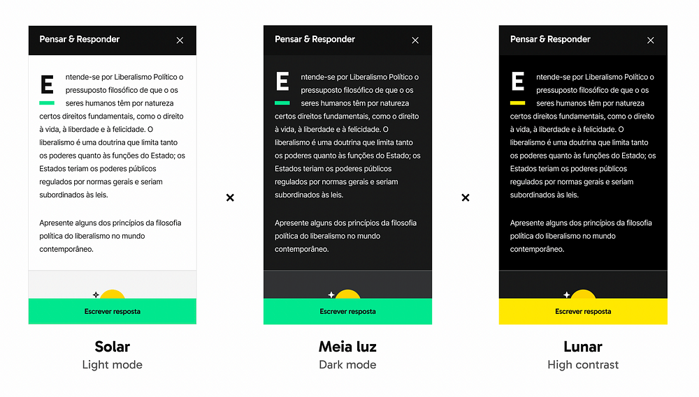 The same interface as an exercise page is displayed in three different themes: light mode, dark mode and high contrast mode.