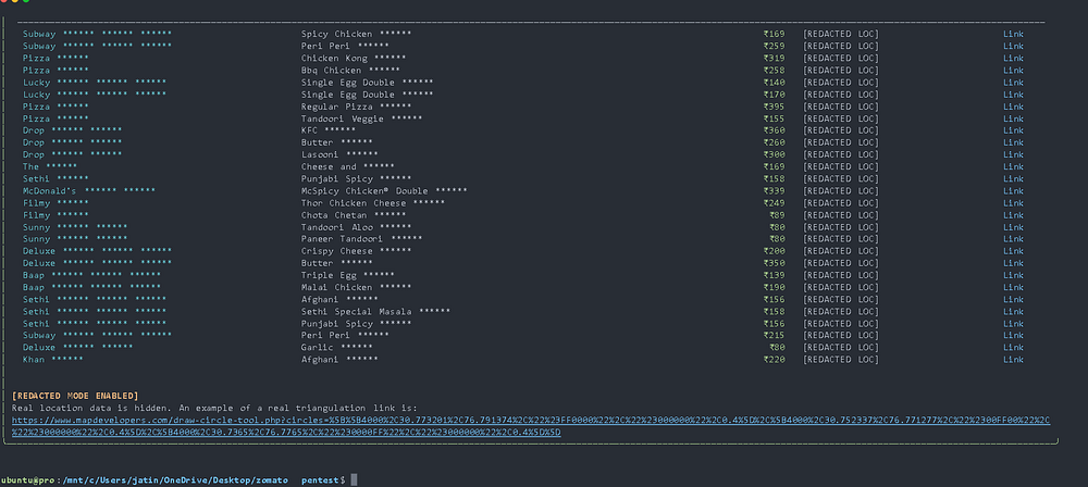 Figure L : Terminal output showing Python script scraping Zomato API for user restaurant data and coordinates.