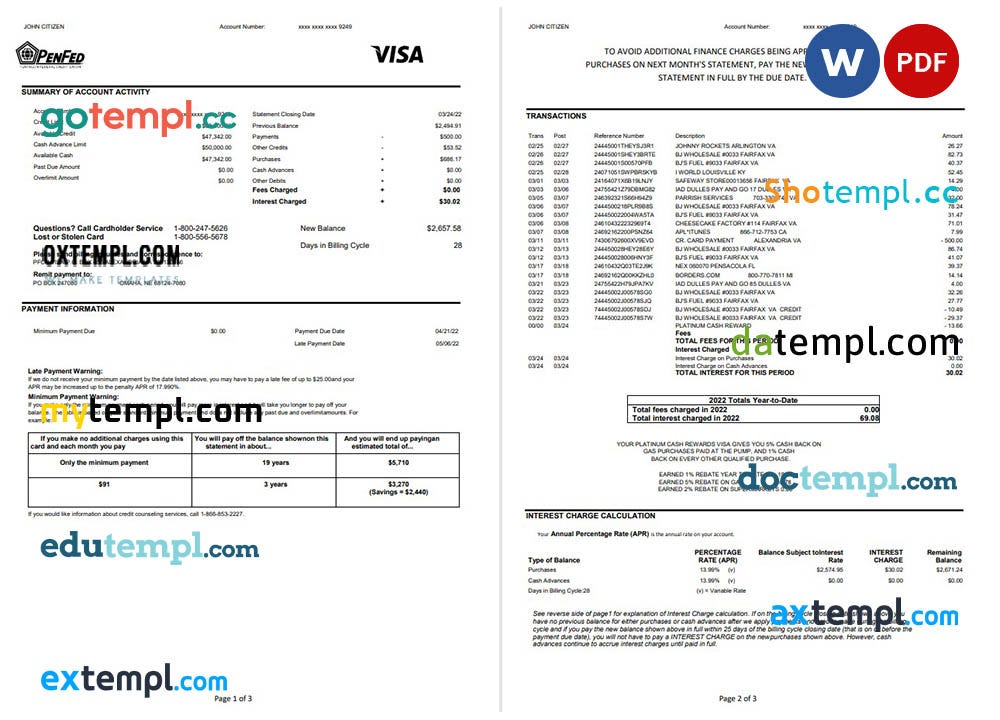 USA Pentagon Federal Credit Union (PenFed) bank statement, Word and PDF
