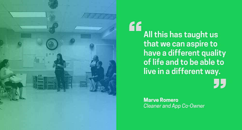 Left: Woman presents to a circle of people sitting in chairs. Right: “All this has taught us that we can aspire to have a different quality of life and to be able to live in a different way.” — Marve Romero, Cleaner and App Co-Owner