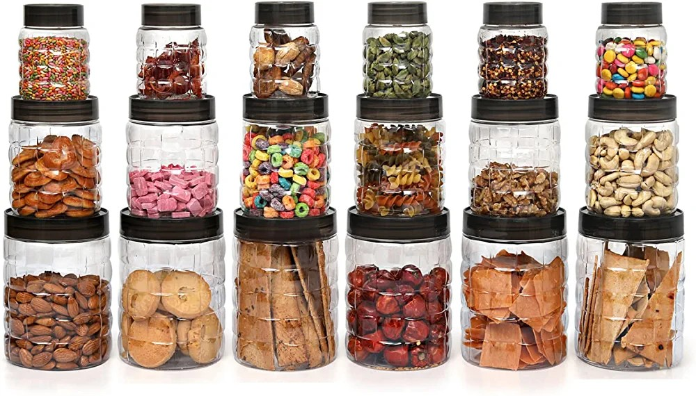 Cello Checkers Plastic PET Canister Set, 18 Pieces, Clear Deepshikha