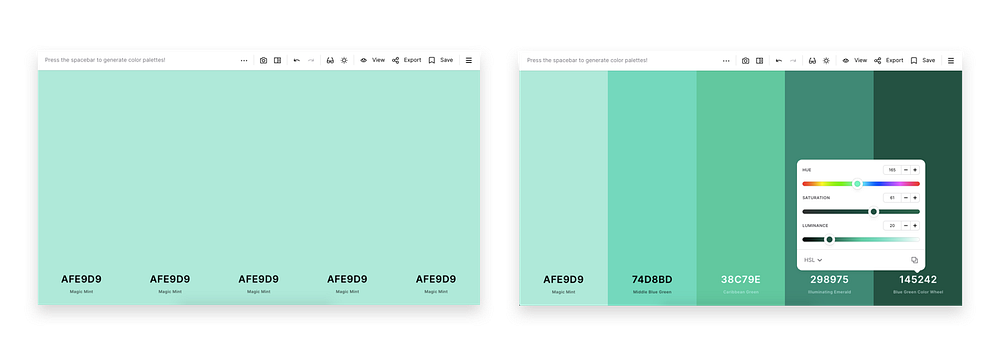 Using Coolors, I created tint stacks with 15% increments. I started with a 5-color palette with only #AFE9D9 as base.