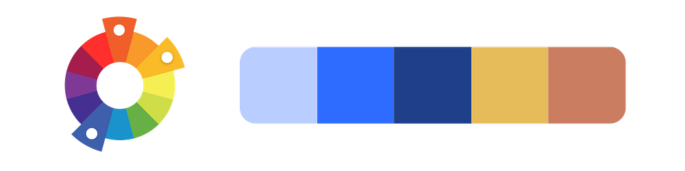 Split-complementary example: a color palette created from denim blue, red-orange, and yellow-orange.