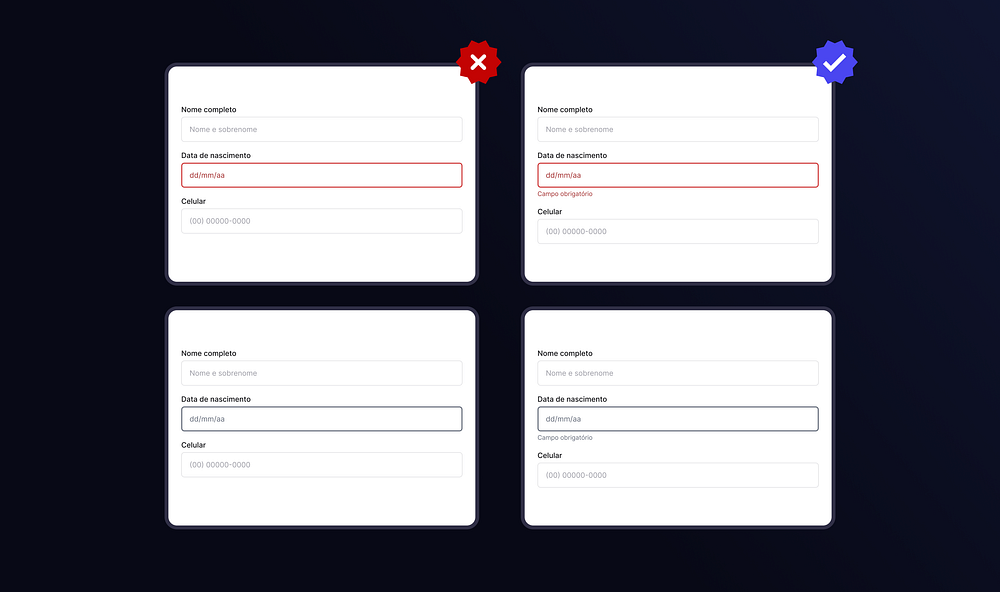 A imagem apresenta quatro quadros demonstrando como é importante não depender apenas das cores para transmitir informações. O exemplo superior esquerdo possui apenas a cor vermelha para apresentar o cenário de erro. O exemplo superior direito acrescenta um texto abaixo do campo para indicar o erro. Os dois exemplos de baixo representam os respectivos quadros acima deles, porém em escalas de cinza.