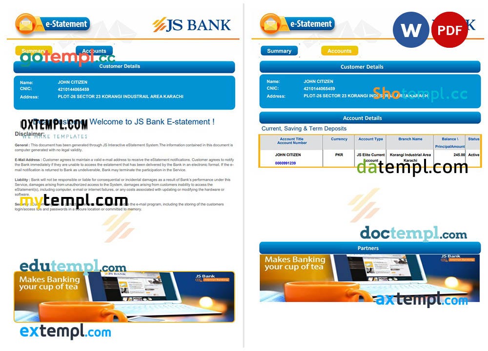 Pakistan JS bank e-statement, Word and PDF template, 3 pages - Doctempl ...