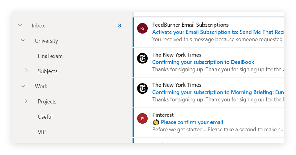 The apperance of folder structures in Outlook.