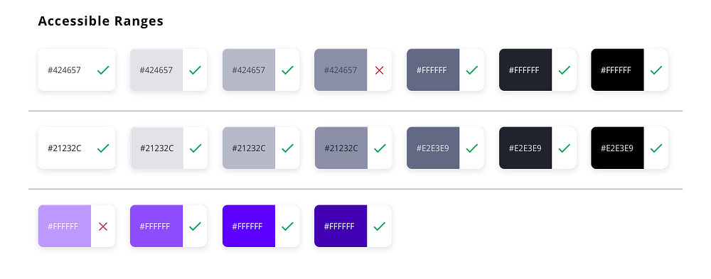 I explored accessible pairs based on the tint stack created before, focusing on neutrals and the primary purple.