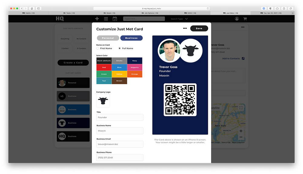 Card creation interface