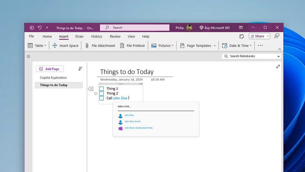 Windows OneNote, where a proposed AI system is recommending similar content for the note-writer to connect it to, including contact names and other notes.