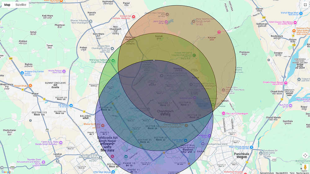 Figure N: Map demonstrating location trilateration using overlapping Zomato delivery radiuses.