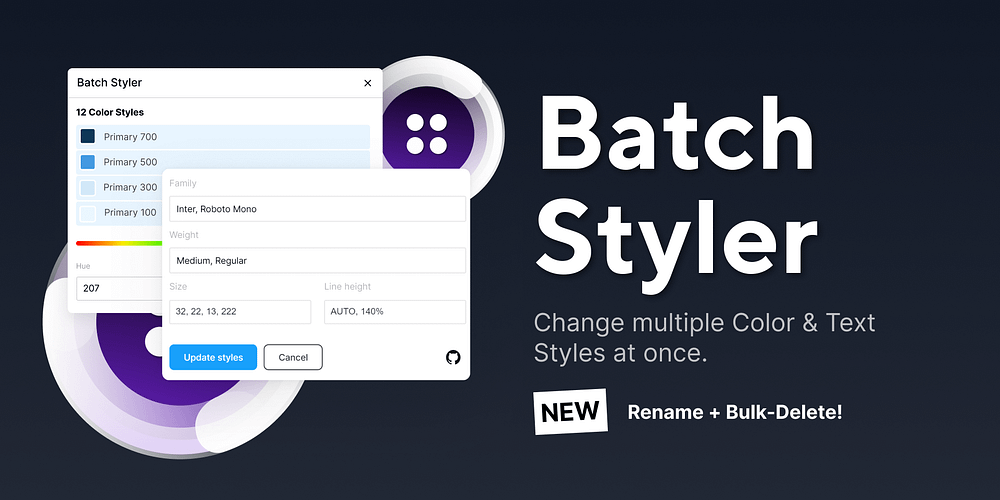 Examples of a plugins UI in Figma, with the words ‘Batch Styler’ next to it