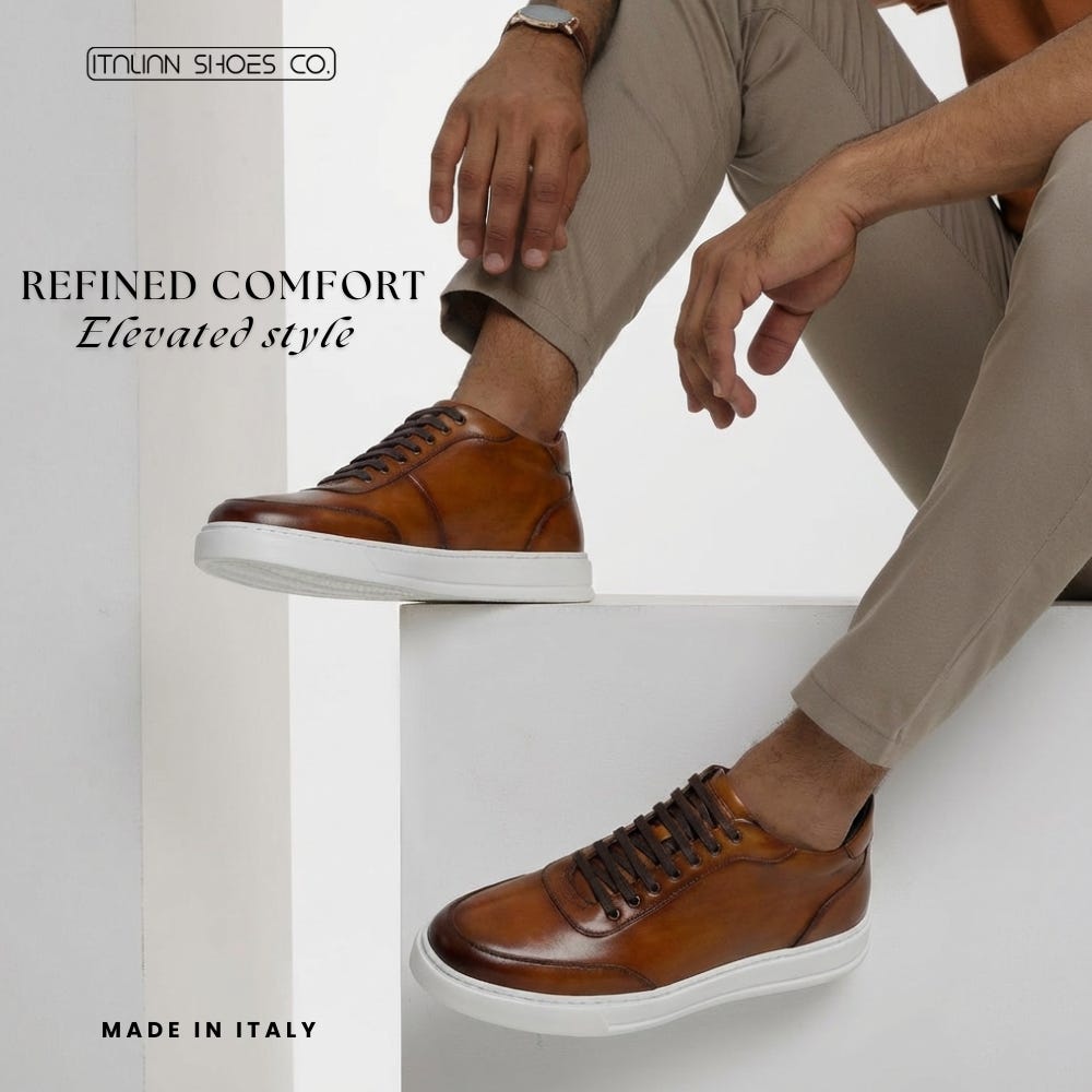 Double Stitch Men’s Leather Slip On Sneakers in Golden Brown