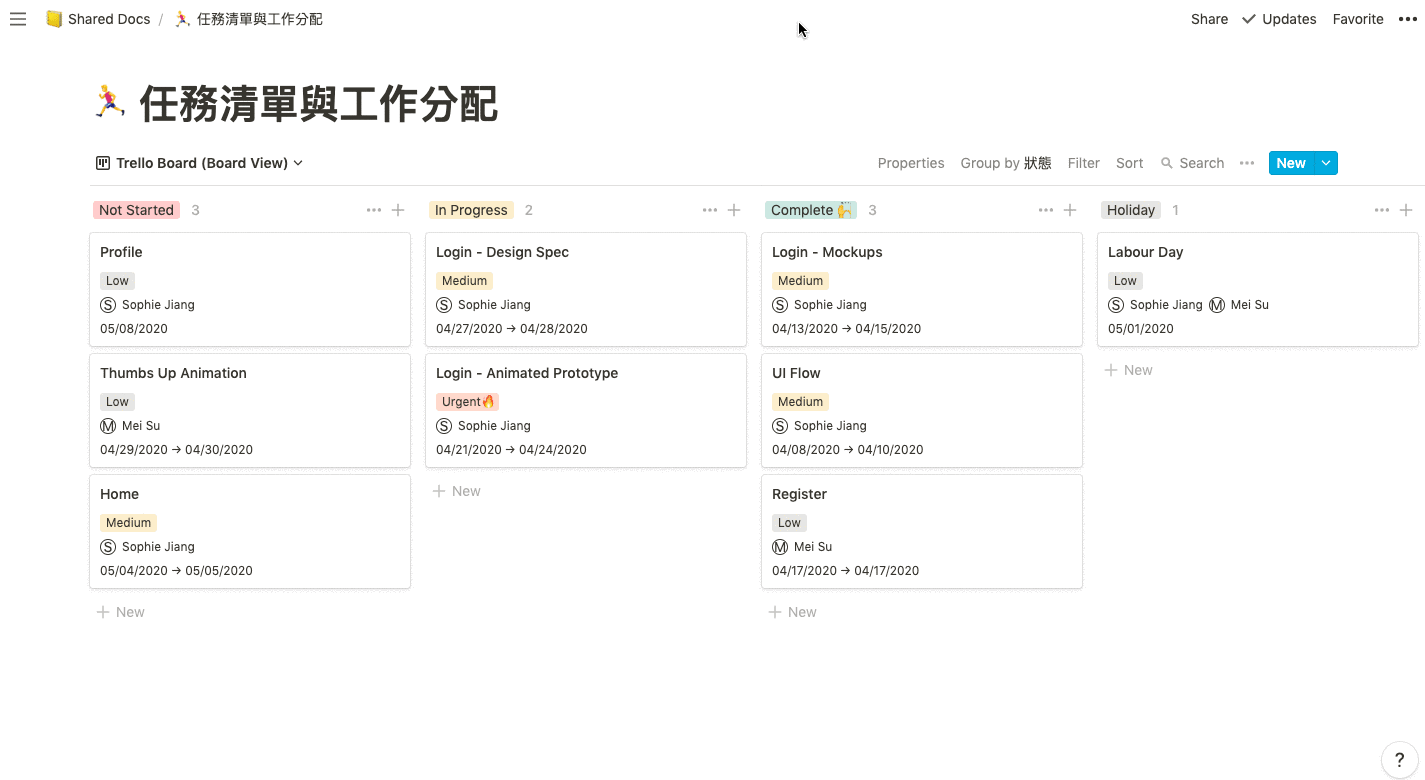 Notion Database 資料庫— 在同一個 database 的基礎下,Notion 不論使用哪種瀏覽模式,變更任務的名稱、時間、負責人員所有瀏覽模式都會跟著變動。