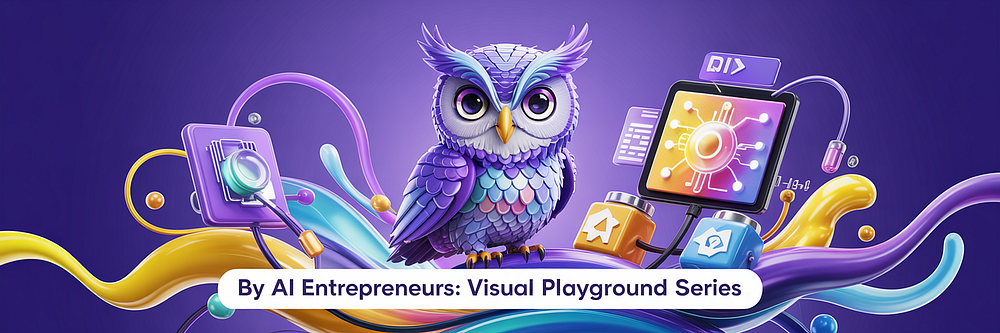 A vibrant digital illustration featuring a purple owl with expressive eyes, perched at the center of a colorful swirl of ribbons and abstract tech elements. Surrounding the owl are 3D icons symbolizing artificial intelligence, data, and code — such as a glowing microchip, a magnifying glass, and capsules — set against a deep purple background. The image is part of the “By AI Entrepreneurs: Visual Playground Series.