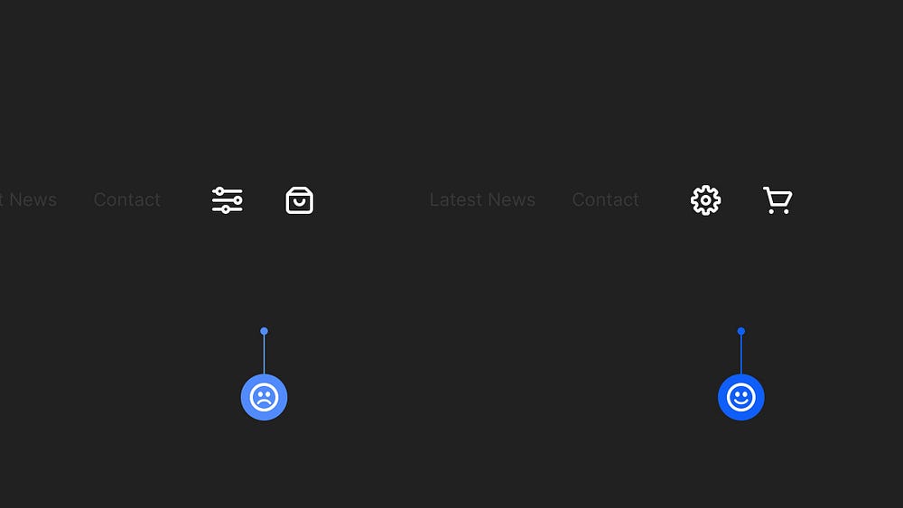 Two design examples. One using vague icons, and the other using established icons to represent the action to be taken.