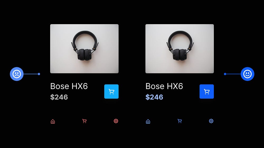 2 Card design examples. One with various clashing colours, and the other with a more refined, and subtle colour palette.