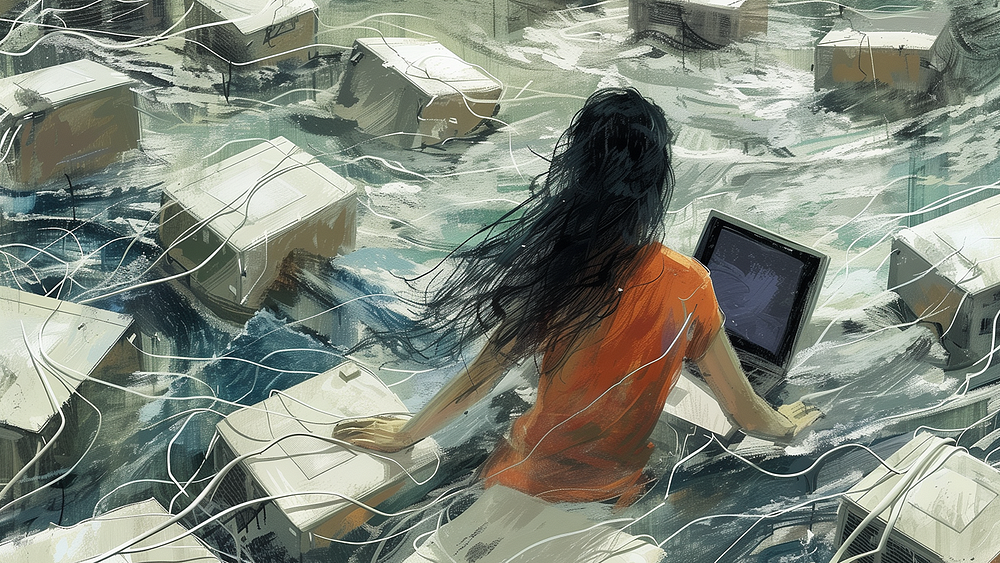 A woman in an orange shirt sits amidst a chaotic expanse of computers and cables, like debris on tumultuous water, focused on a laptop screen. Digital painting.