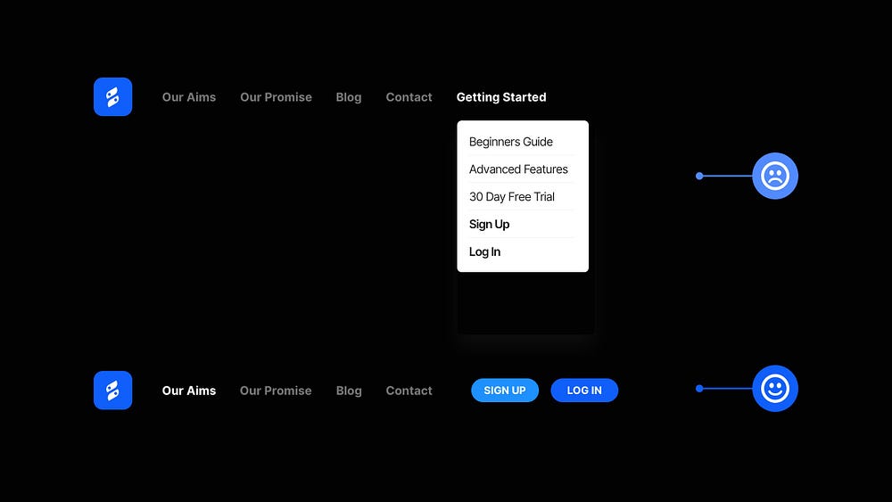 2 Desktop navigation examples. One with Sign Up and Log In buttons hidden away in a dropdown menu, and the other with the 2 buttons outside a menu and sat alongside the top navigation.