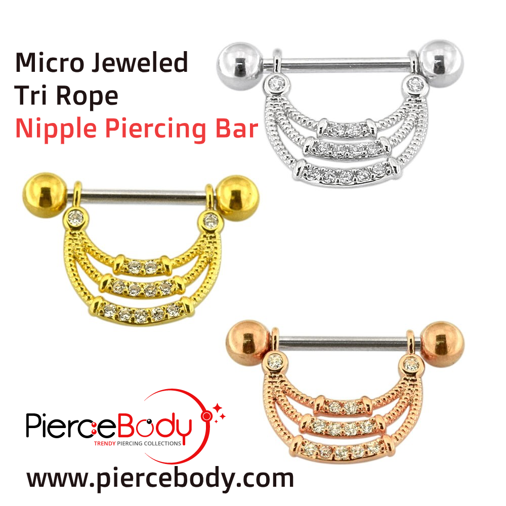 Micro Jeweled Tri Rope Nipple Piercing Bar by Pierce Body Medium