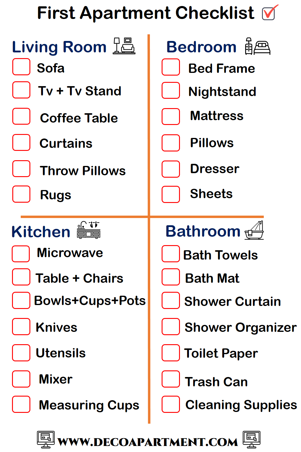 My First Apartment Checklist: FREE Printable  First apartment checklist, First  apartment, Apartment checklist