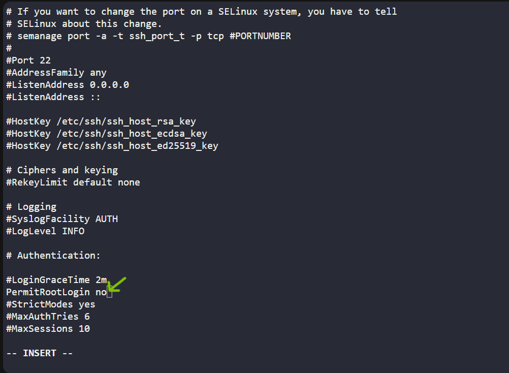 Content of /etc/ssh/sshd_config after disabling root login access.