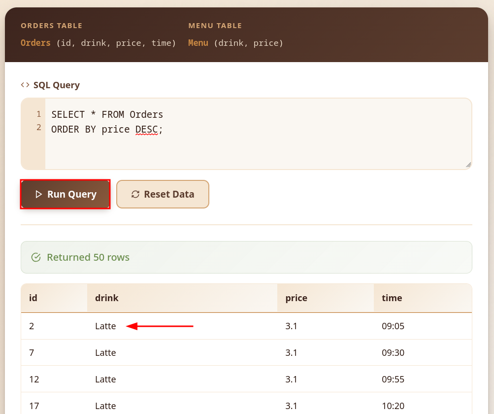 Applying descending modifiers to reverse database output orders from highest to lowest values.