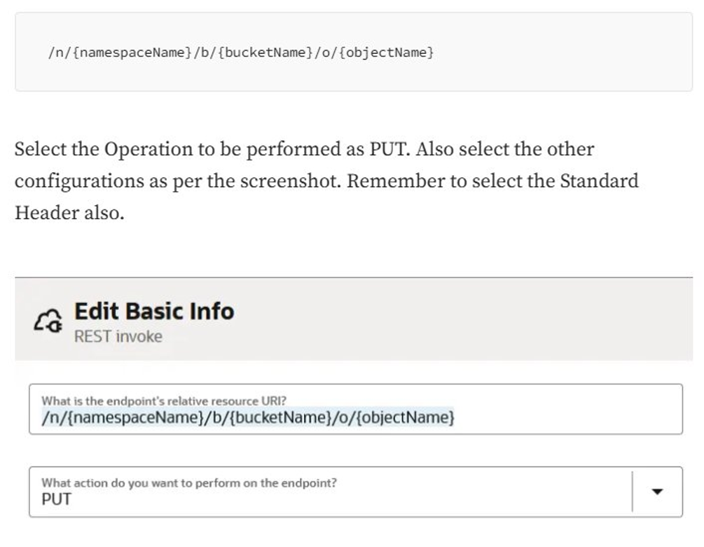 REST Invoke template parameters generated from the URI: namespaceName, bucketName, and objectName.
